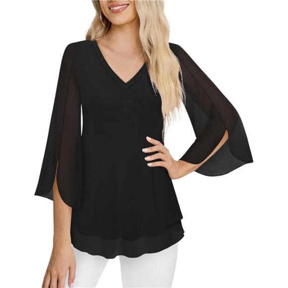 Women's Sleeve Floral Blouse – Double Layer V-Neck Dressy Tunic Top - Picture 3 of 8